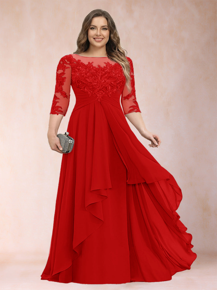 Chiffon mother-of-the-bride dress, red lace scoop neck with cascading ruffles
