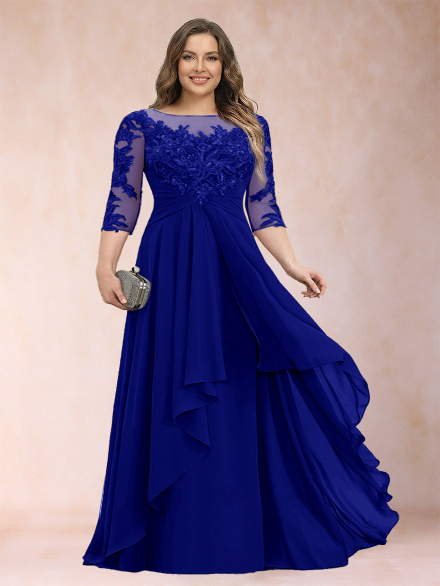 Chiffon mother-of-the-bride dress, royal blue scoop neck with lace bodice and cascading ruffles