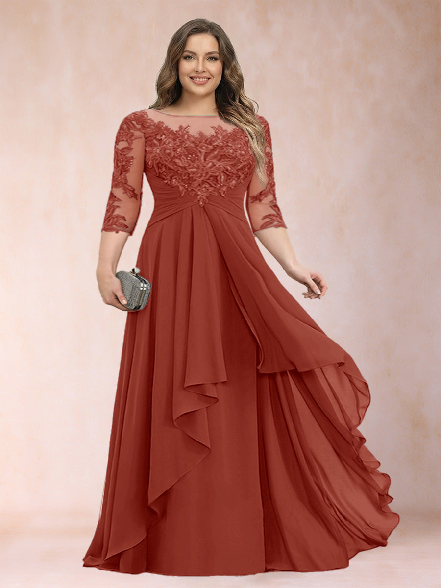 Chiffon mother-of-the-bride dress, rust scoop neck with lace bodice and cascading ruffles