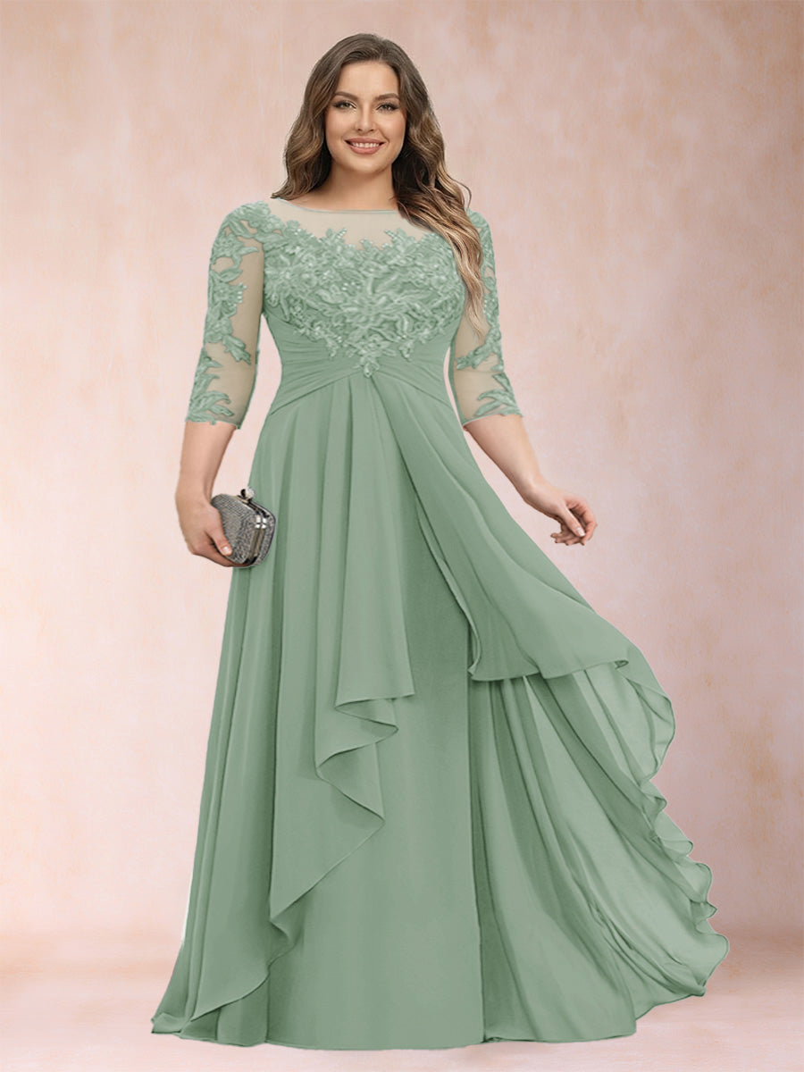 Chiffon mother-of-the-bride dress, sage green scoop neck with lace bodice and cascading ruffles