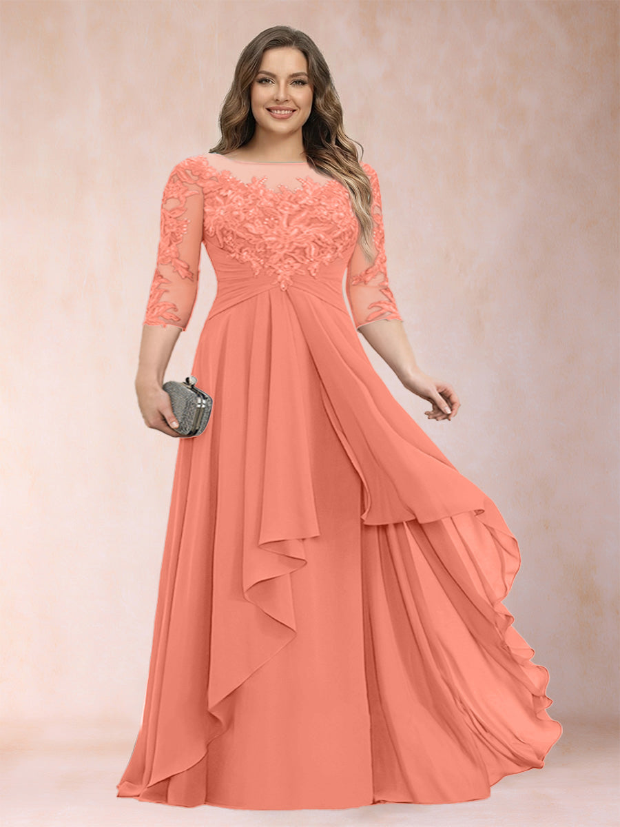 Chiffon mother-of-the-bride dress, coral pink scoop neck with lace bodice and cascading ruffles