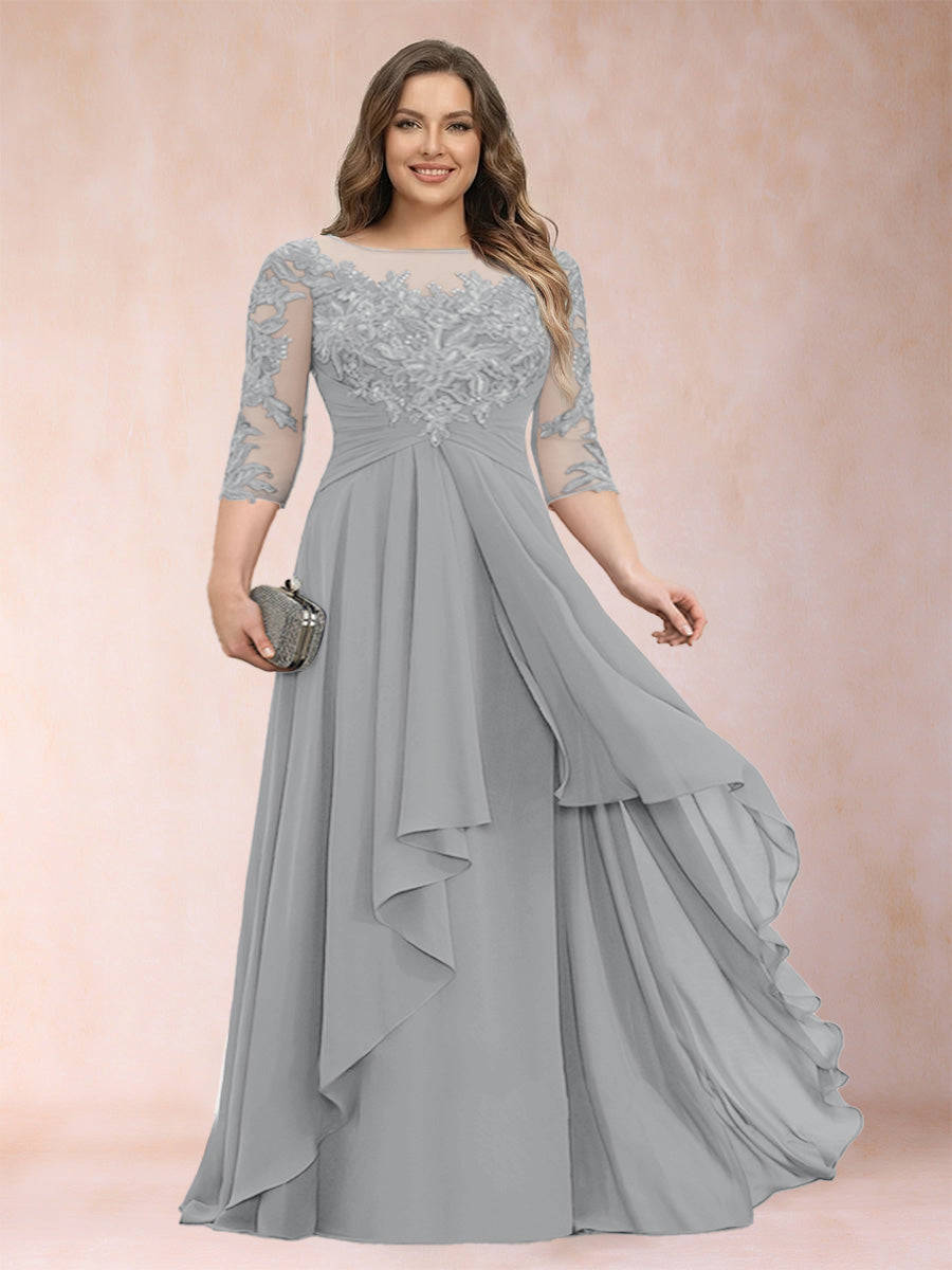 Chiffon mother-of-the-bride dress, light gray scoop neck with lace bodice and cascading ruffles