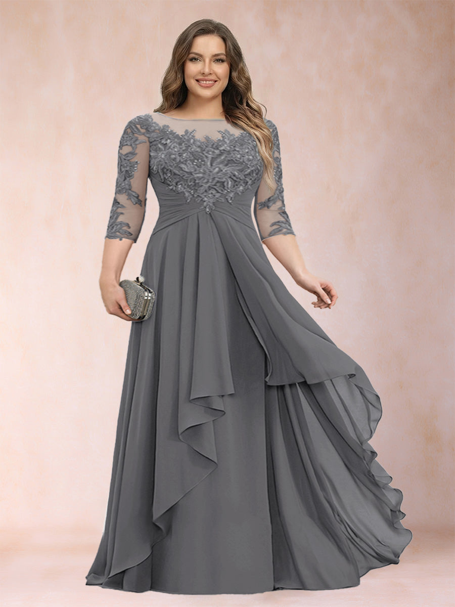 Chiffon mother-of-the-bride dress, dark gray scoop neck with lace bodice and cascading ruffles