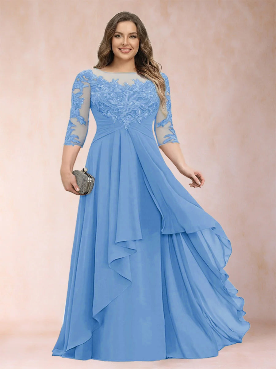 Chiffon mother-of-the-bride dress, sky blue scoop neck with lace bodice and cascading ruffles