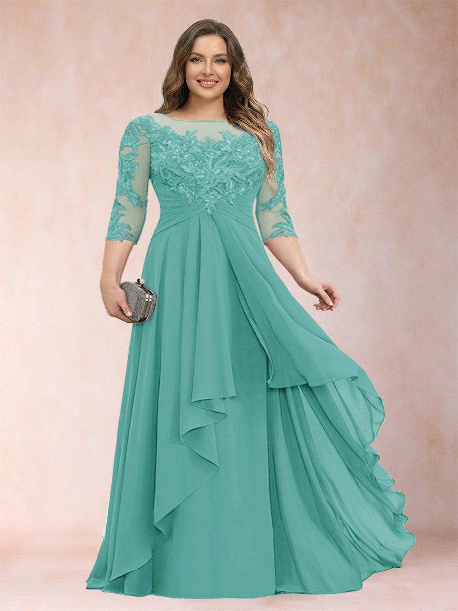 Chiffon mother-of-the-bride dress, teal green scoop neck with lace bodice and cascading ruffles