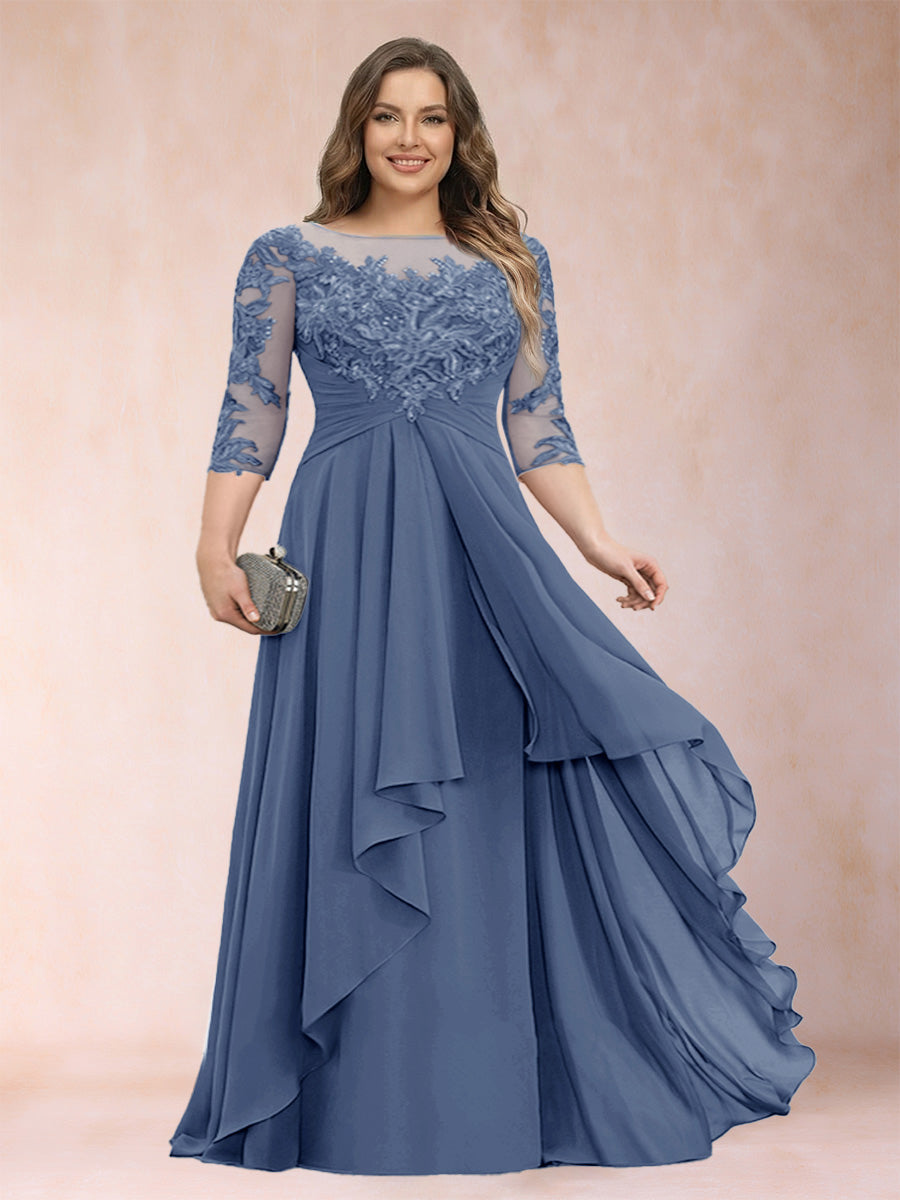 Chiffon mother-of-the-bride dress, navy blue scoop neck with lace bodice and cascading ruffles