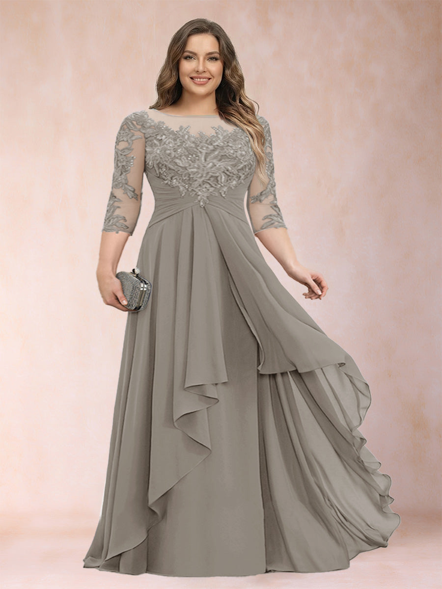 Chiffon mother-of-the-bride dress, taupe scoop neck with lace bodice and cascading ruffles
