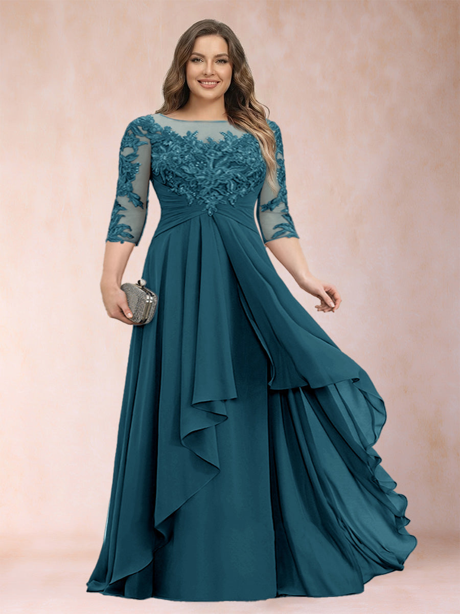 Teal chiffon mother-of-the-bride dress with scoop neck and cascading ruffle skirt