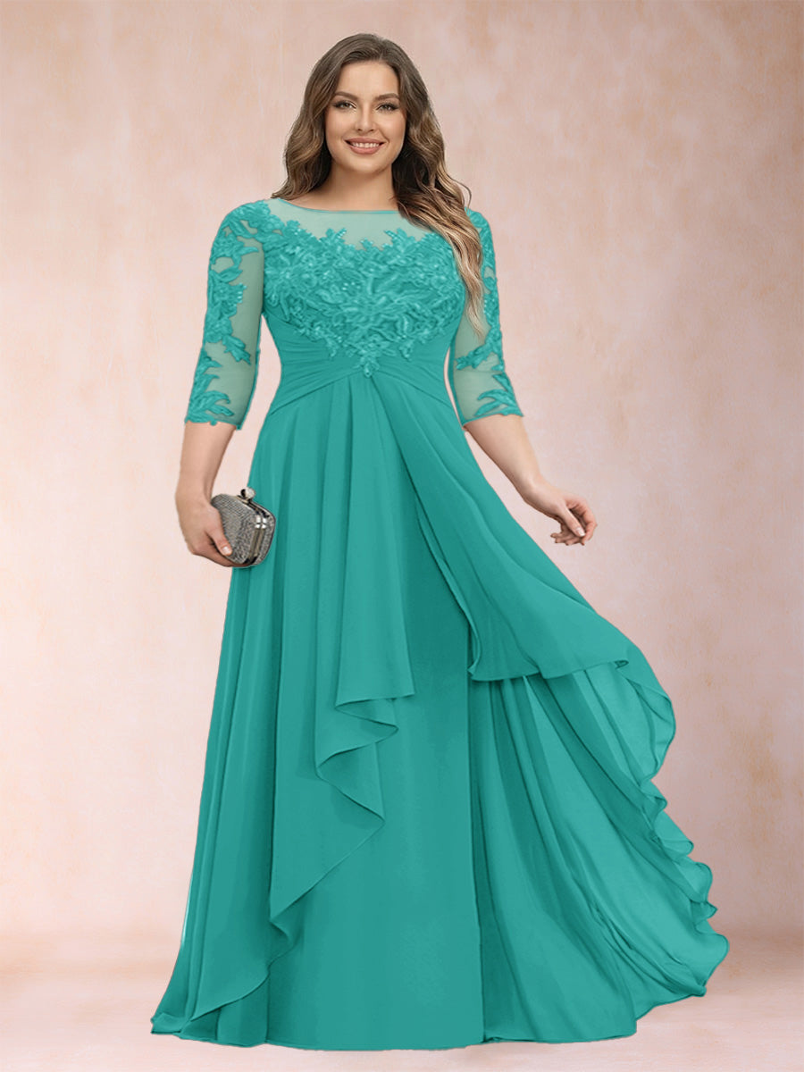 Turquoise chiffon mother-of-the-bride dress with scoop neck and cascading ruffle skirt