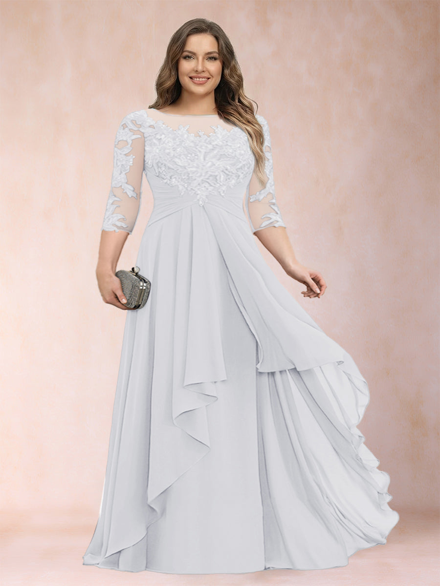 Chiffon mother-of-the-bride dress in light blue, scoop neck, lace sleeves, cascading ruffles