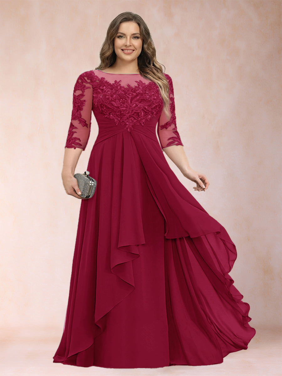 Chiffon mother-of-the-bride dress in burgundy, scoop neck, lace sleeves, cascading ruffles