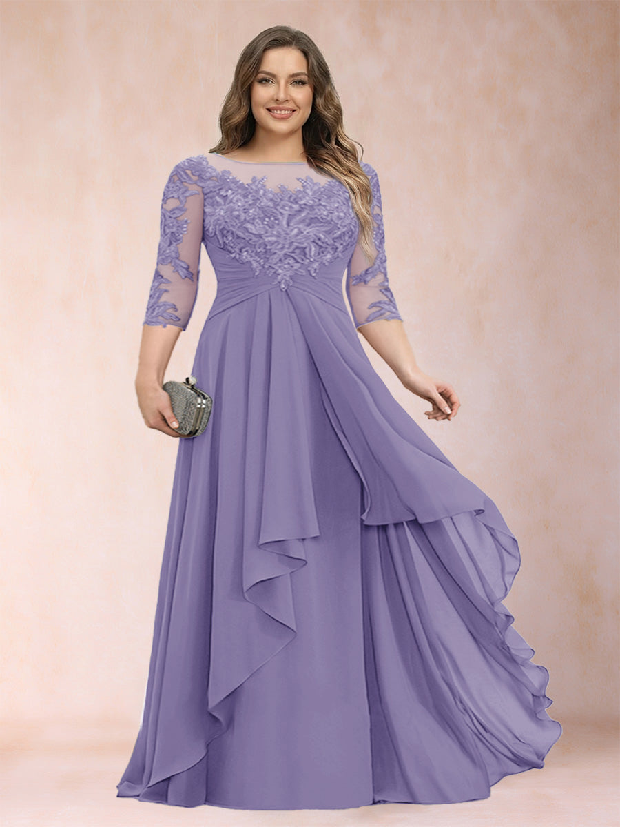 Lavender chiffon mother-of-the-bride dress with scoop neck and cascading ruffle skirt