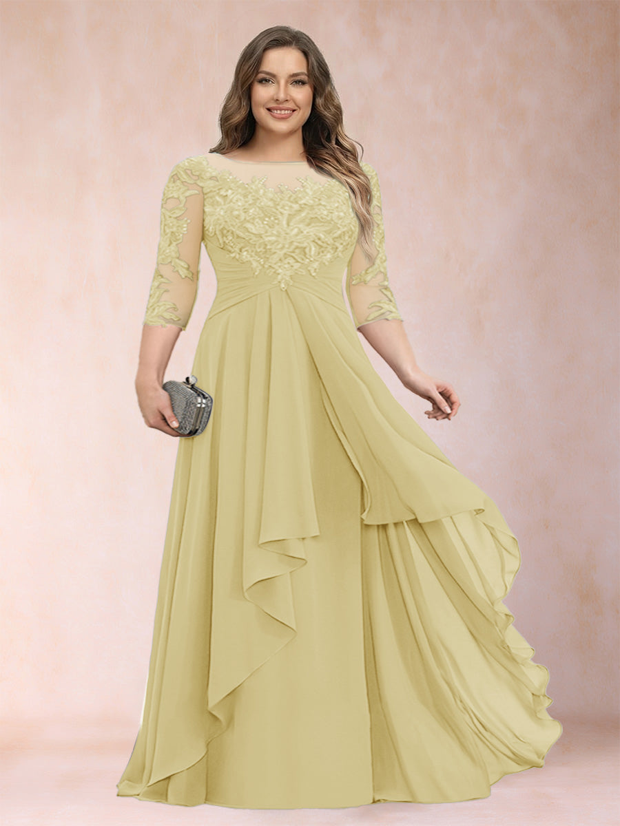 Light yellow chiffon mother-of-the-bride dress with scoop neck and cascading ruffle skirt
