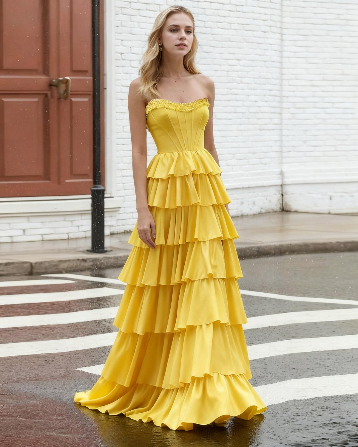 strapless yellow tiered ruffle A-line prom dress - image 1