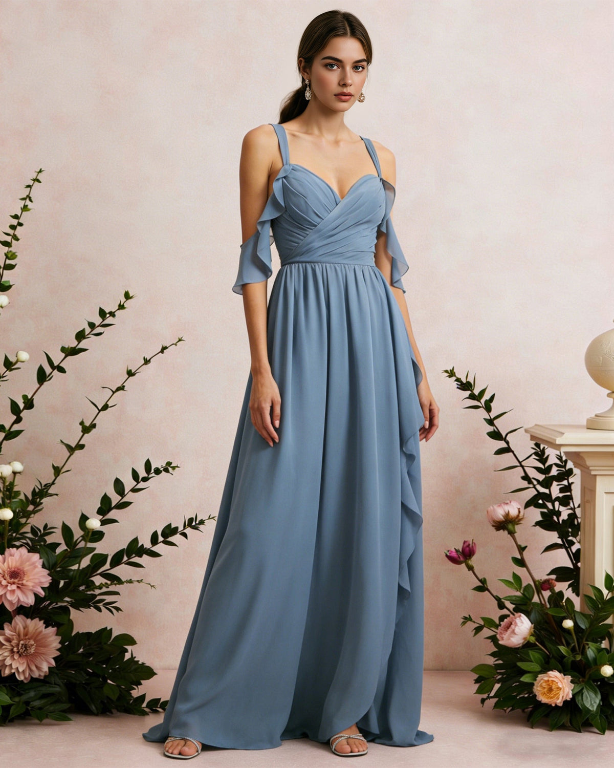Sky-blue chiffon cold-shoulder maxi dress with draped V-neck bodice and ruffle sleeves