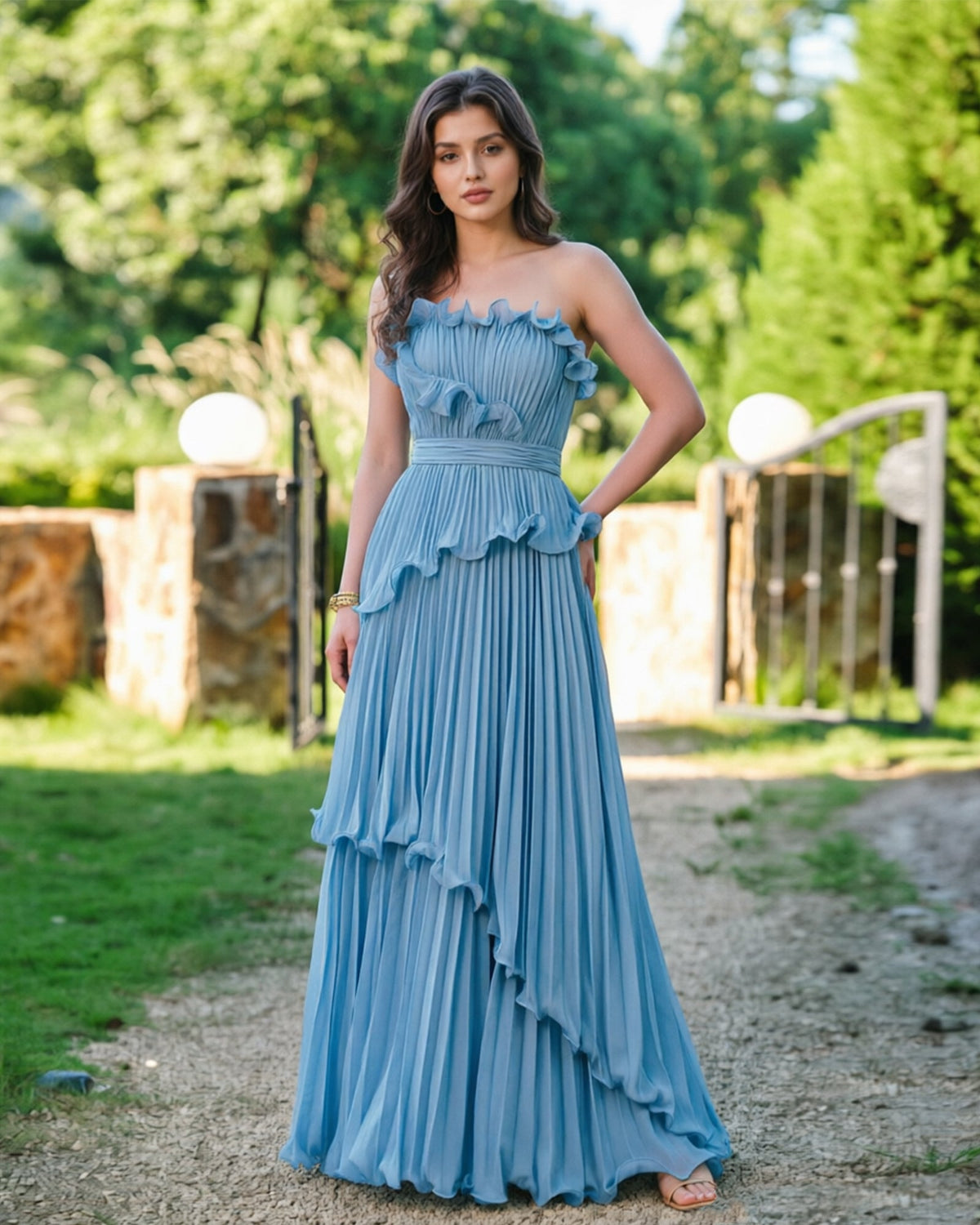 strapless ruffle pleated formal dress with tiered skirt - image 1