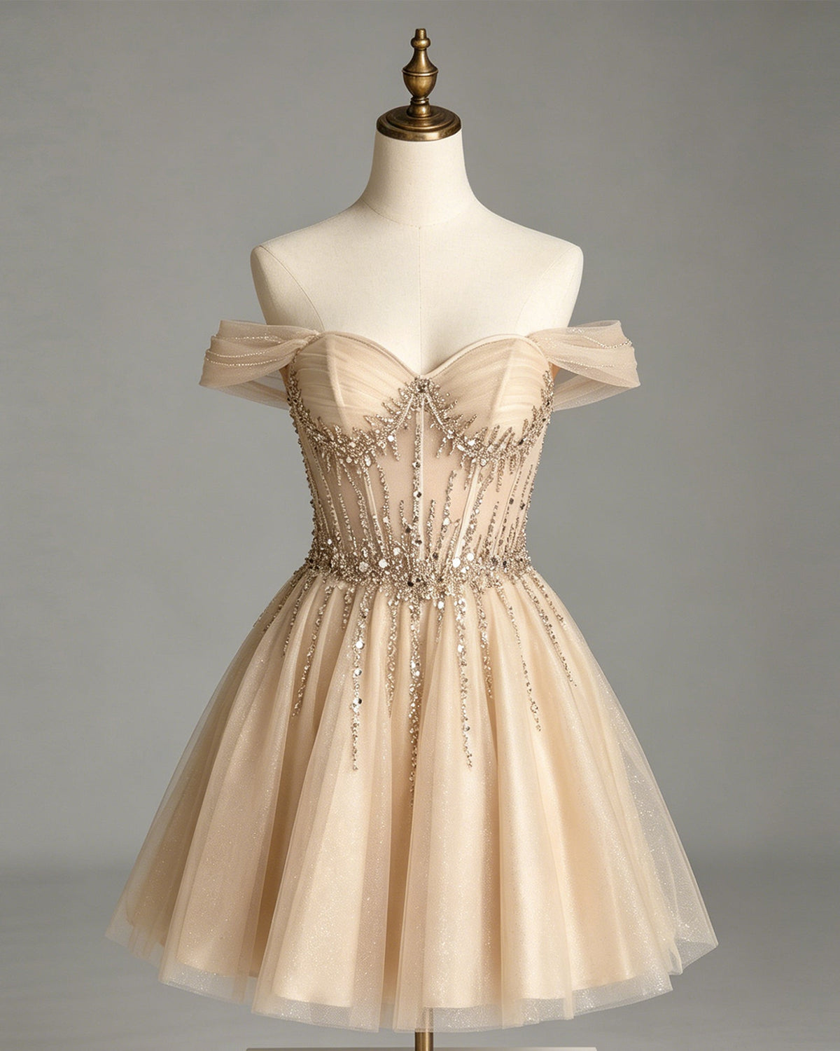 off shoulder beaded corset tulle A-line homecoming dress - view 1