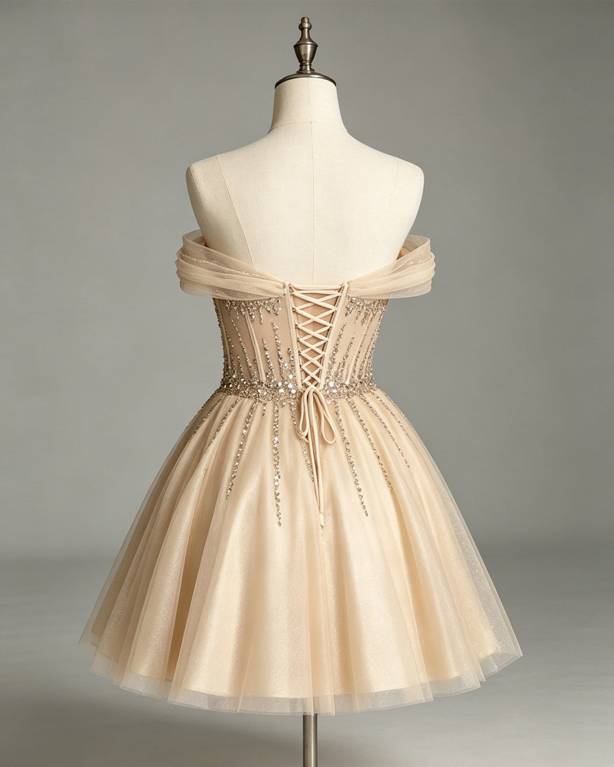 off shoulder beaded corset tulle A-line homecoming dress - view 2