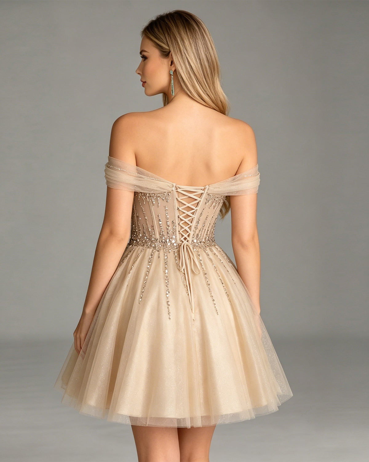 off shoulder beaded corset tulle A-line homecoming dress - view 6