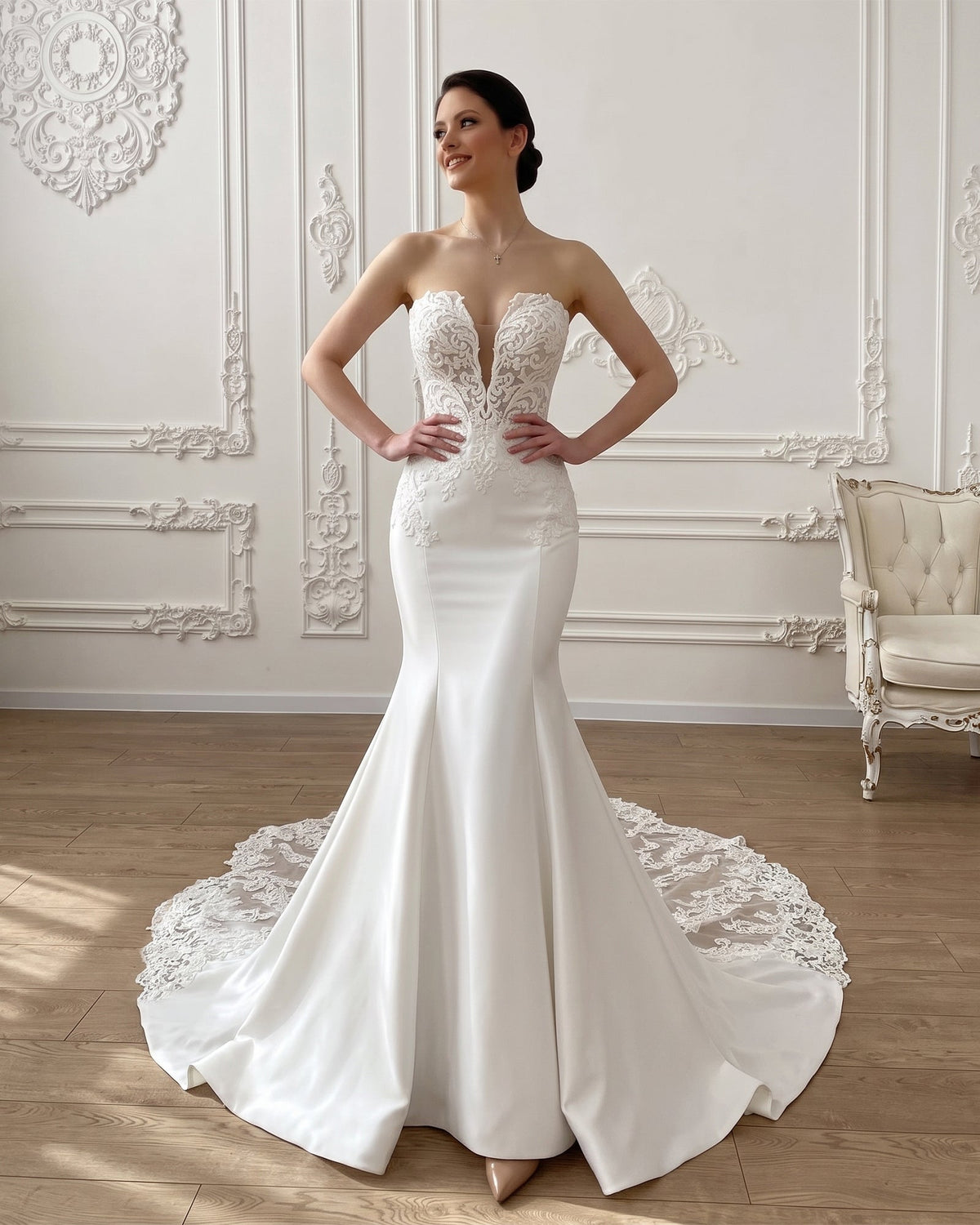 White strapless mermaid wedding dress with corset lace bodice and chapel train