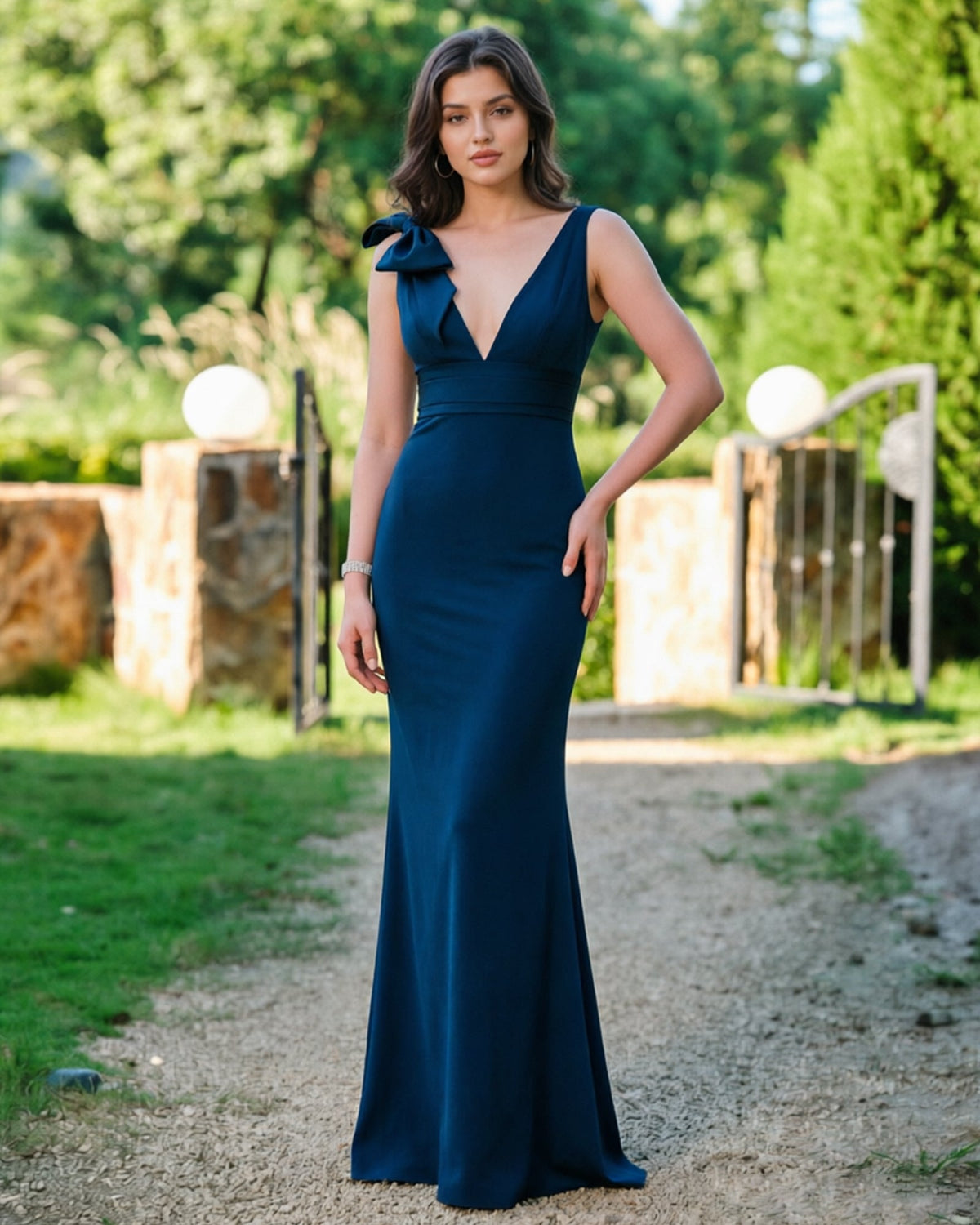 V-neck bow shoulder mermaid formal dress with empire waist - image 1