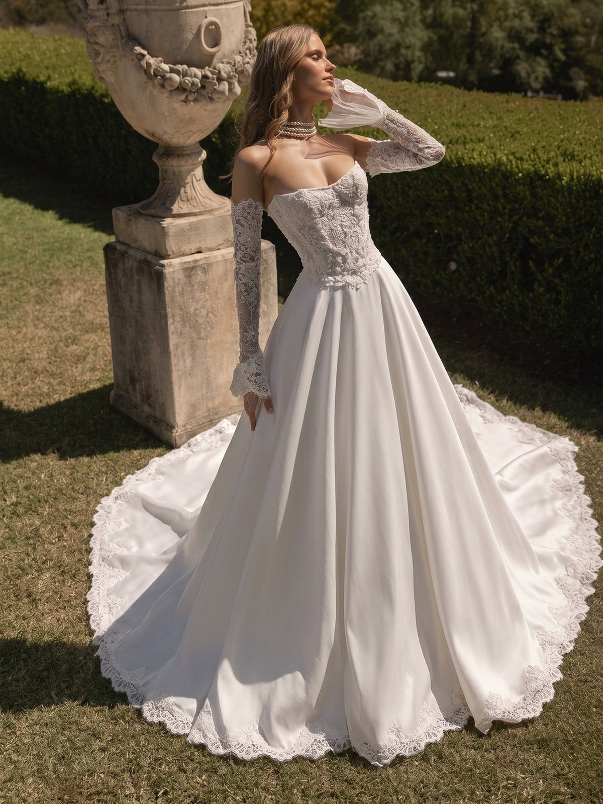 off shoulder lace ball gown wedding dress with corset back and train - image 1