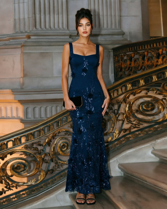 Navy blue square-neck sequin formal dress with spaghetti straps, fitted column silhouette
