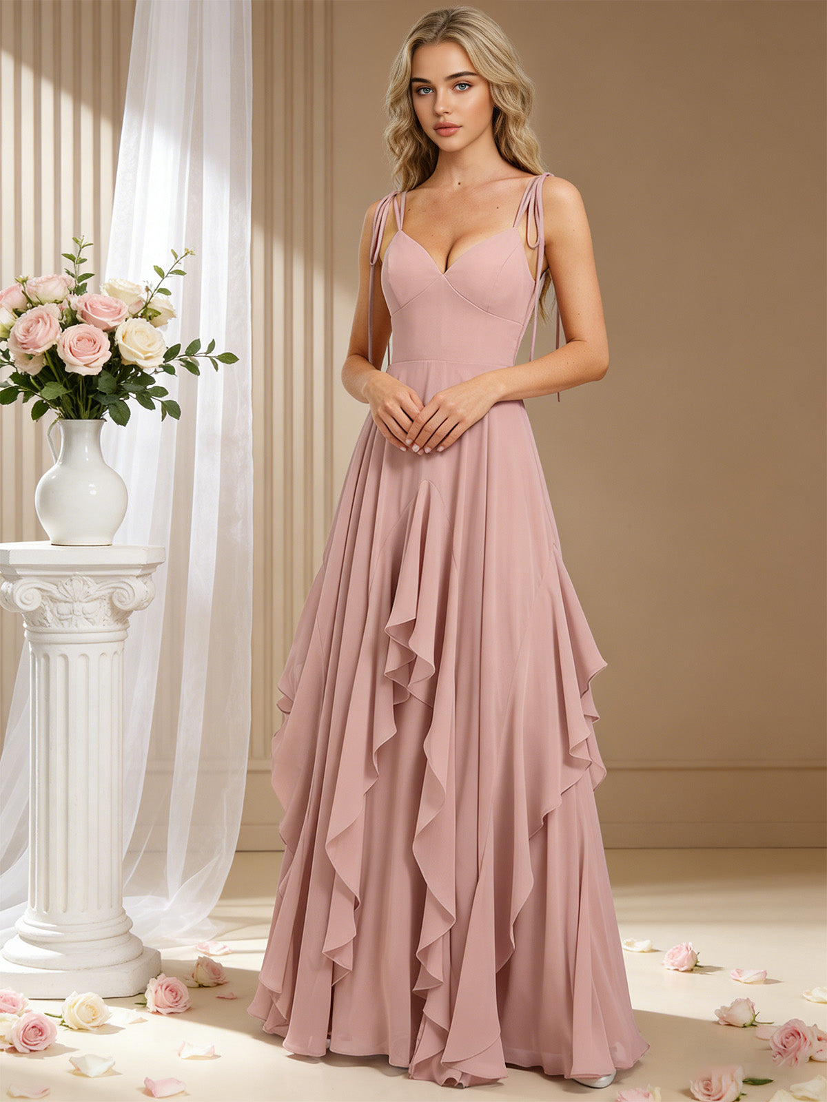 spaghetti strap chiffon bridesmaid dress with cascading ruffle dress - image 2