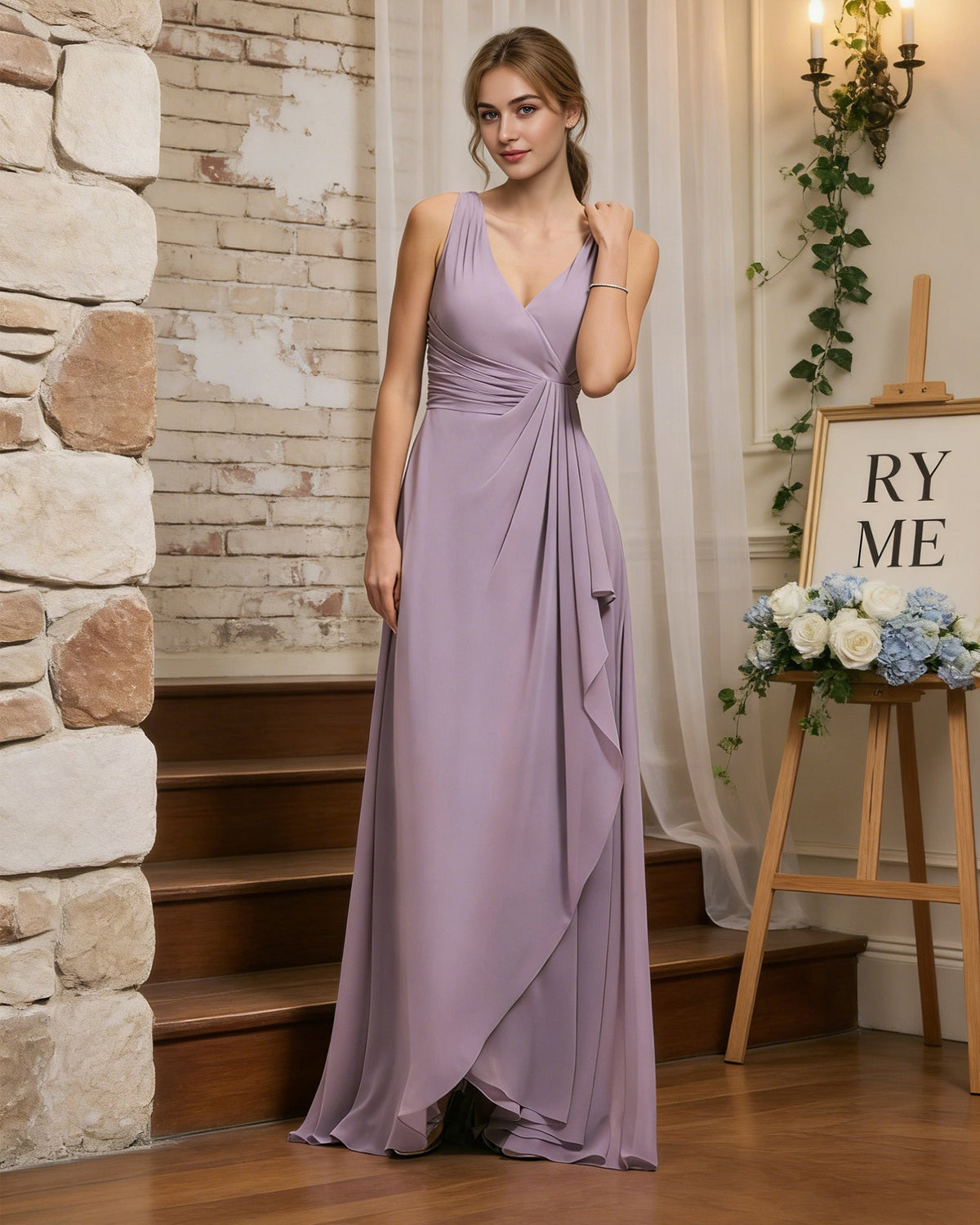 Lilac chiffon bridesmaid dress with halter V-neck and draped sash waist, flowy skirt
