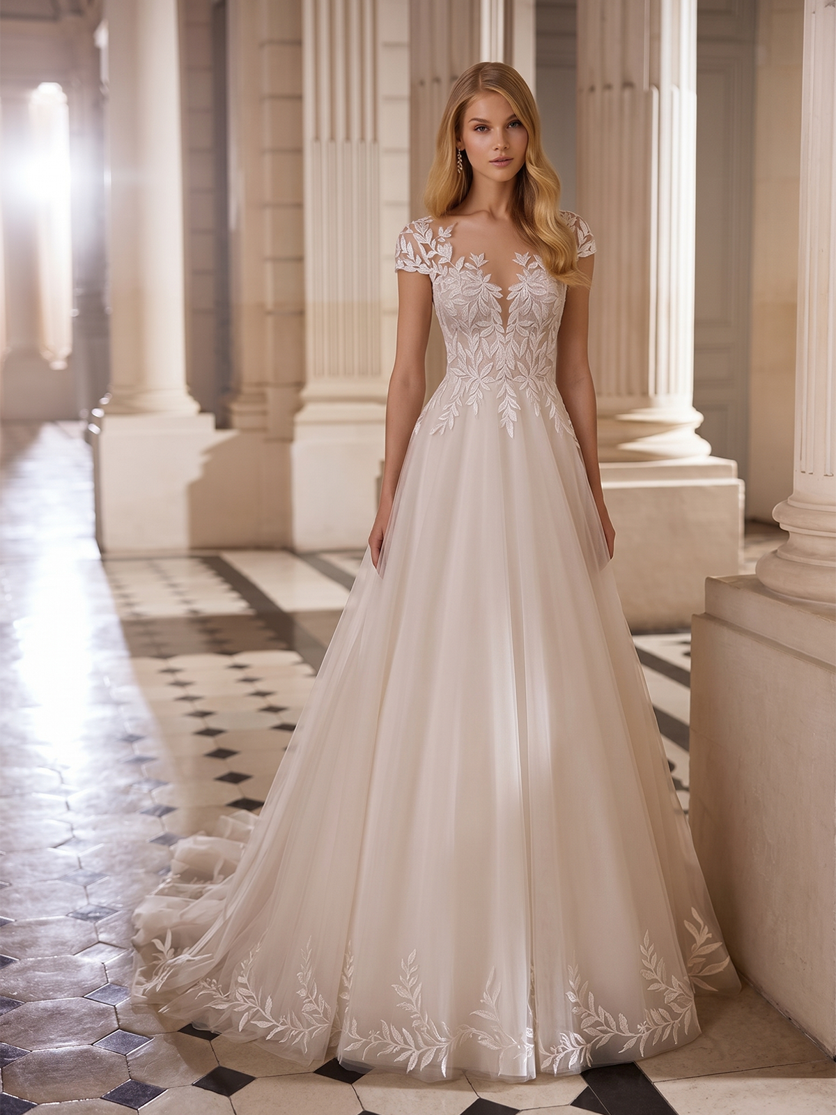 spaghetti strap lace tulle A-line wedding dress with beaded bodice - image 1