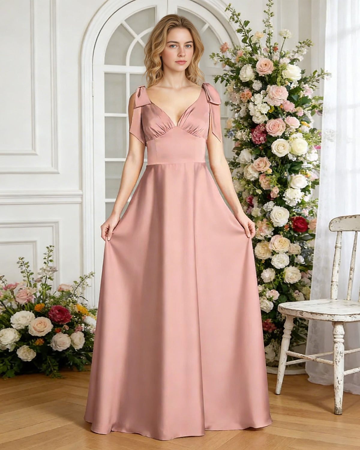 Blush satin V-neck bridesmaid dress with bow shoulder straps and empire waist