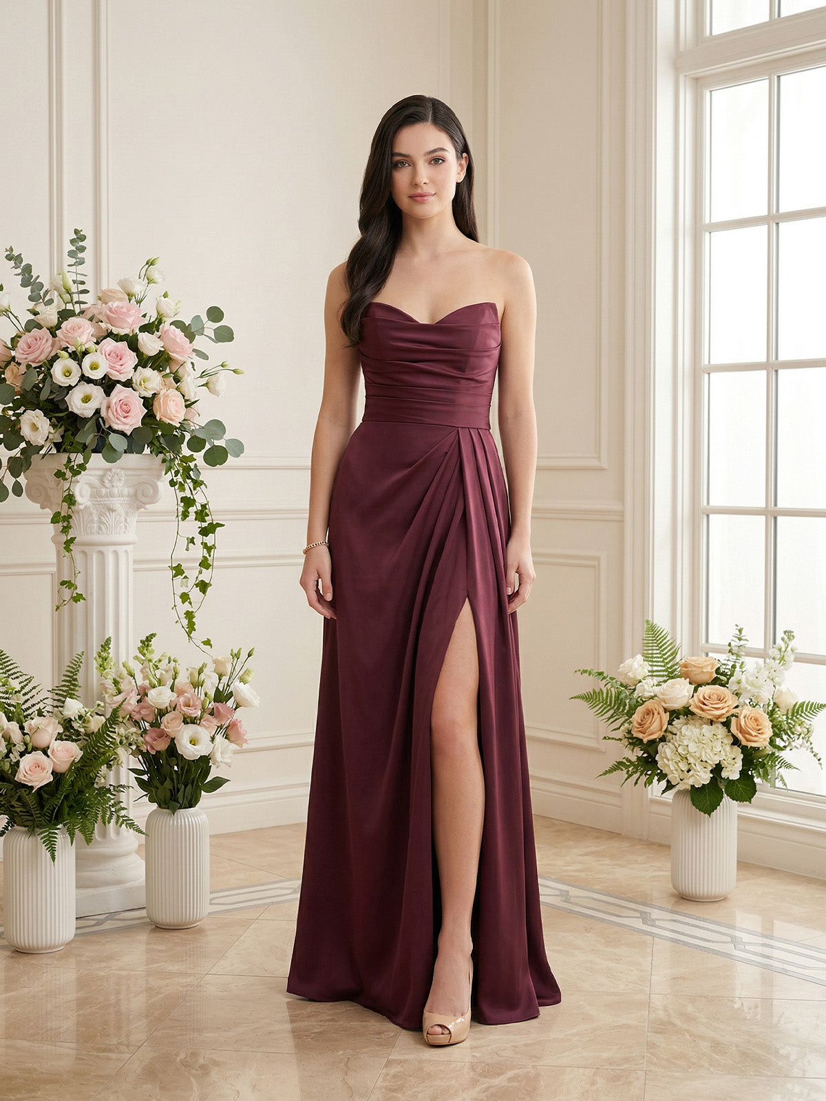 Strapless pleated satin bridesmaid dress in wine red with side slit