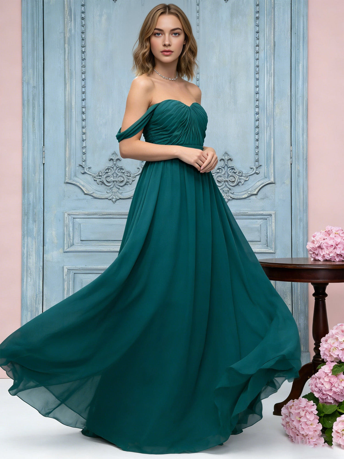 off shoulder sweetheart chiffon bridesmaid dress with ruched bodice - image 2