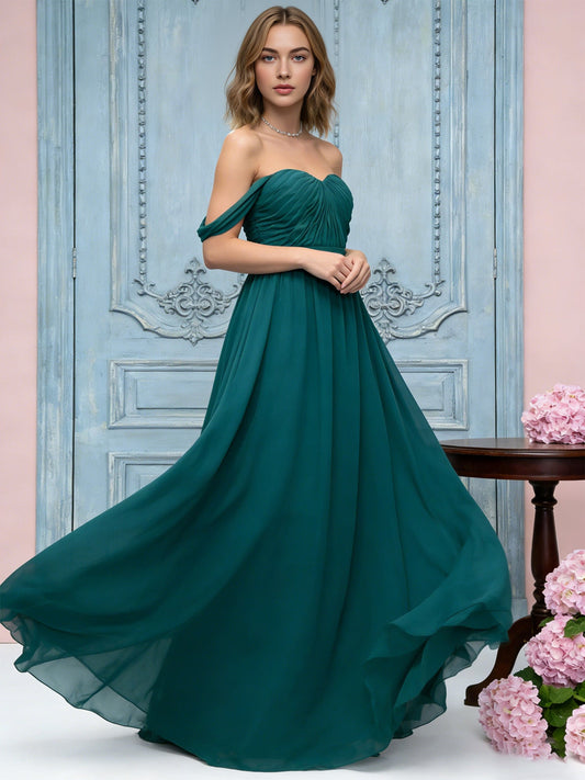 Off-shoulder sweetheart chiffon bridesmaid dress, ruched bodice, teal green, flowing skirt