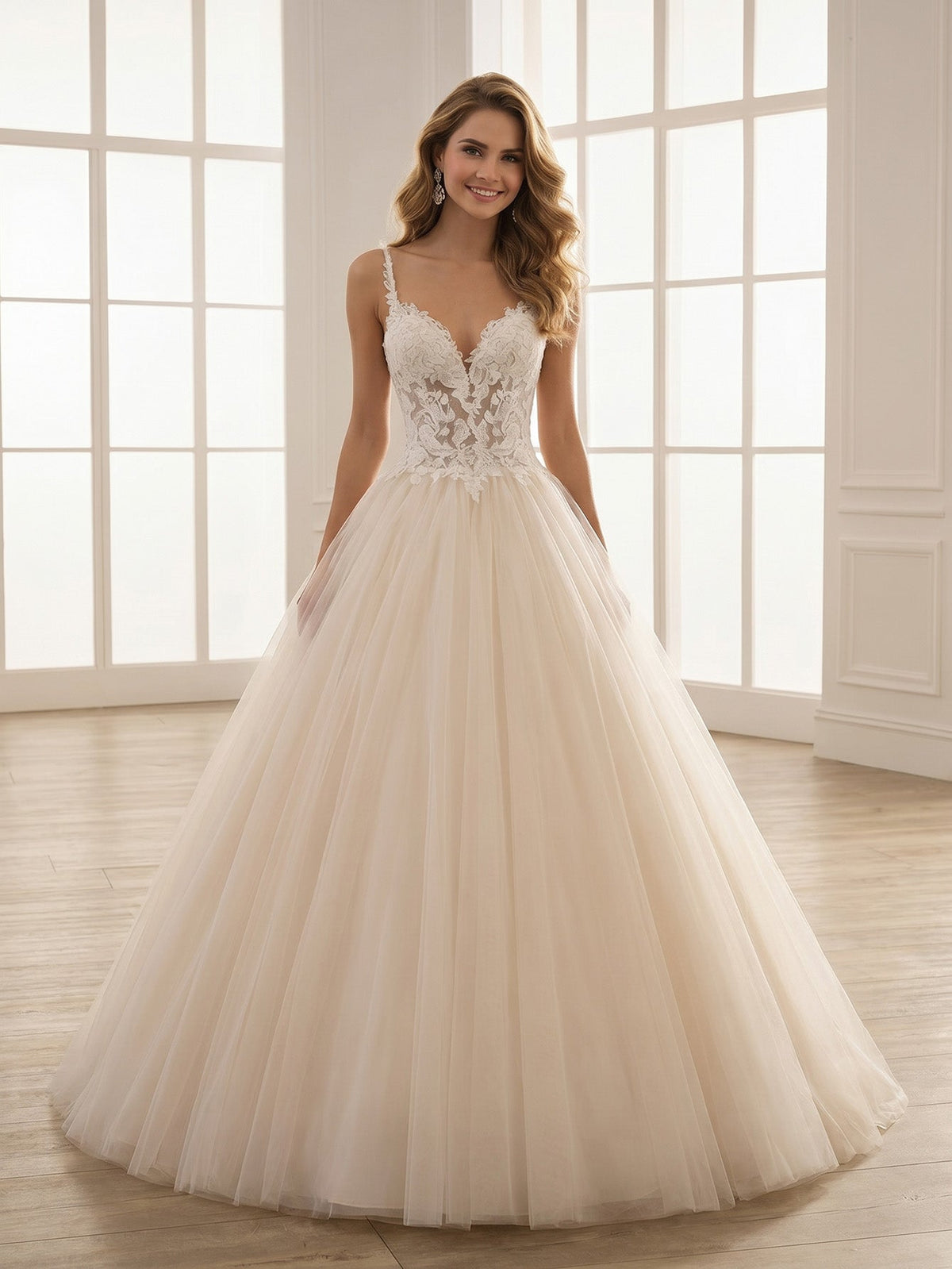 Ivory lace tulle ball gown wedding dress with beaded spaghetti straps bodice