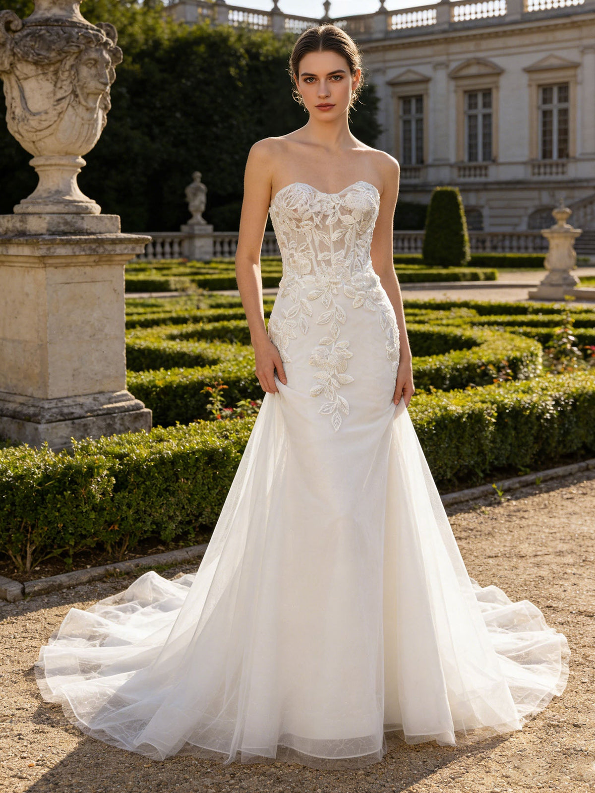 strapless lace mermaid wedding dress with sheer bodice and train - image 1