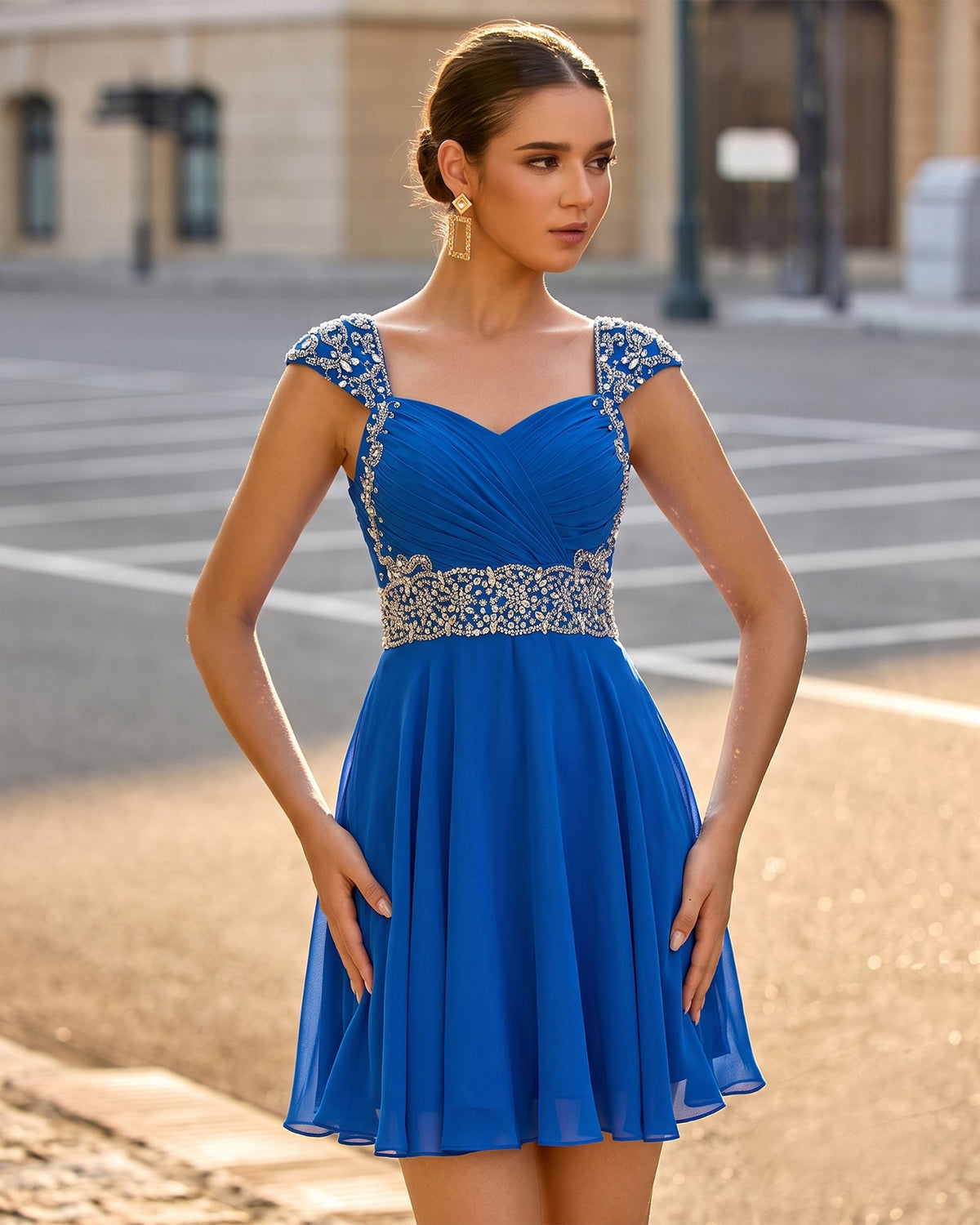 Blue sweetheart ruched chiffon homecoming dress with beaded cap sleeves