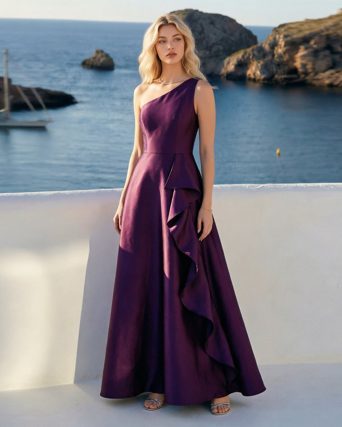 one shoulder satin ball gown with cascading ruffle dress - image 1