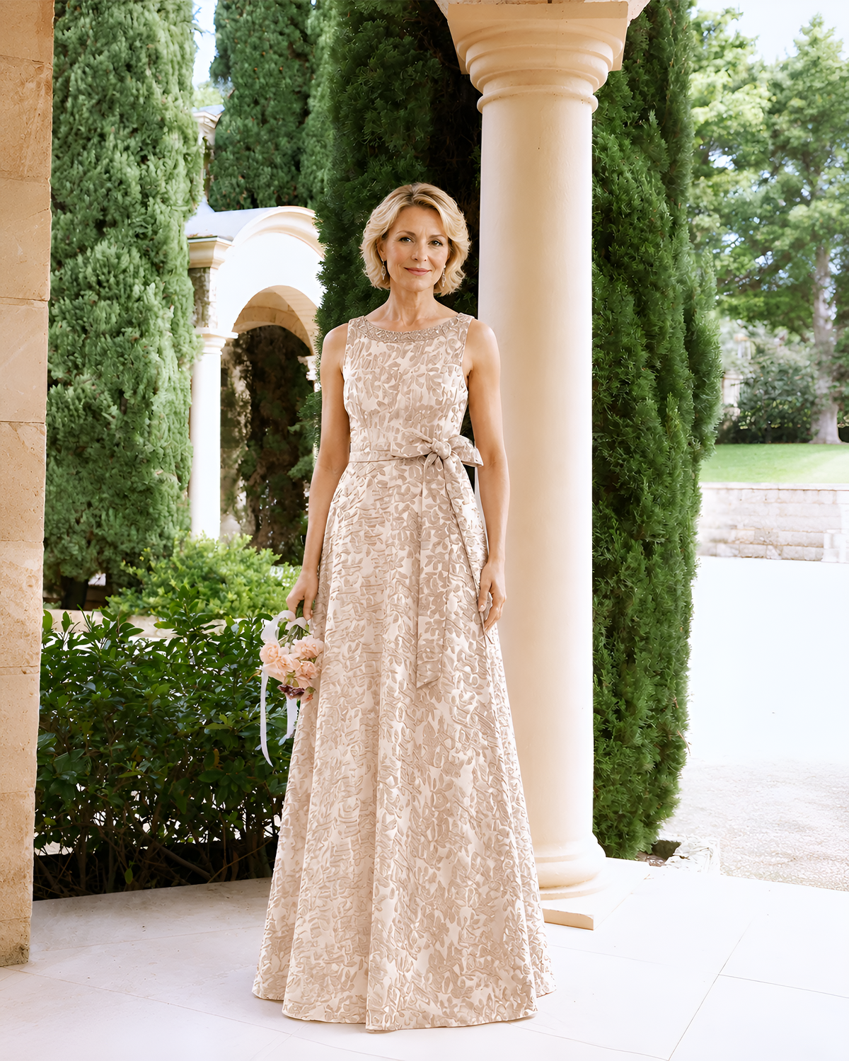 Champagne beige sleeveless lace A-line dress with front sash bow and scoop neckline