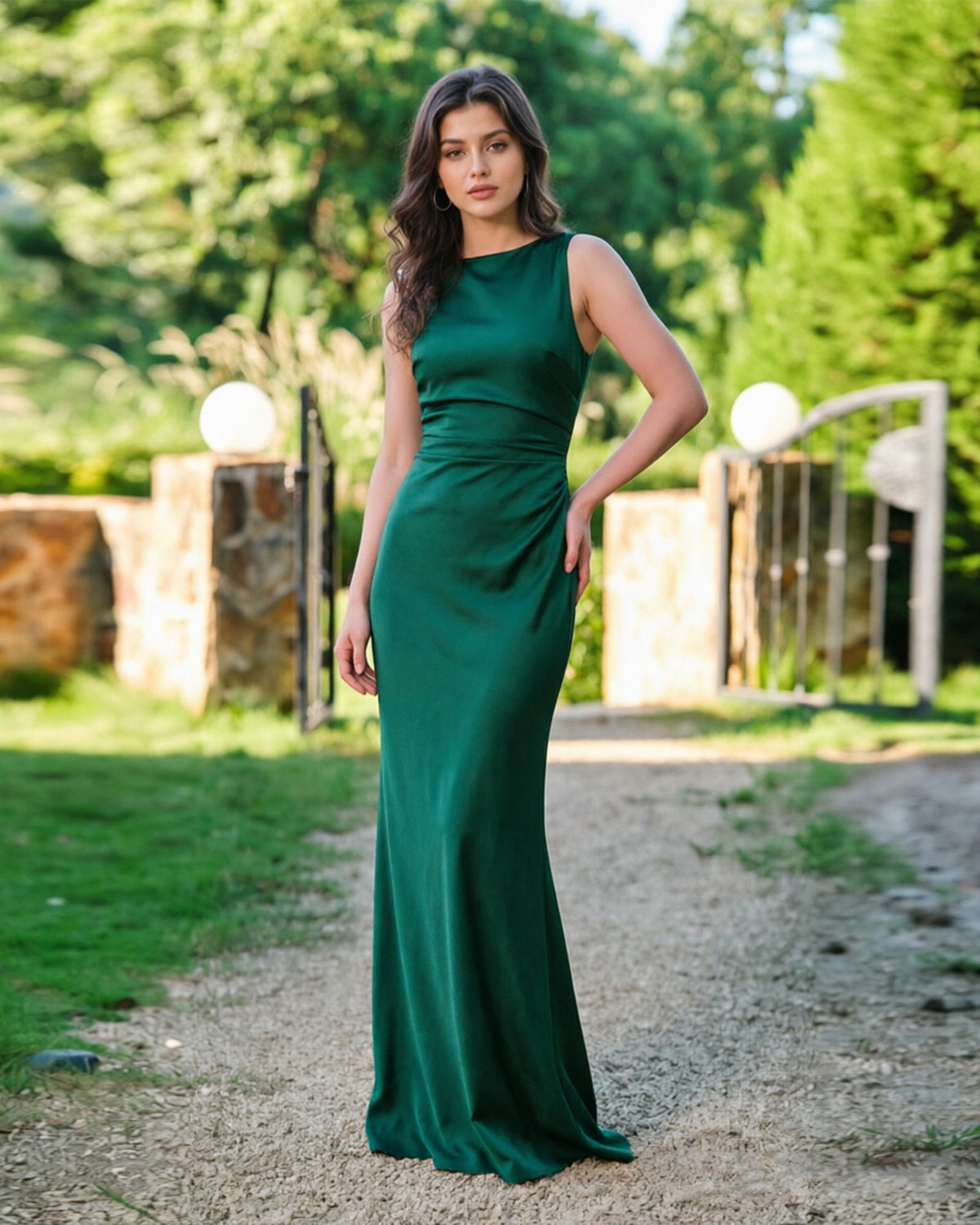 high neck satin column formal dress with sleek draped waist - image 1