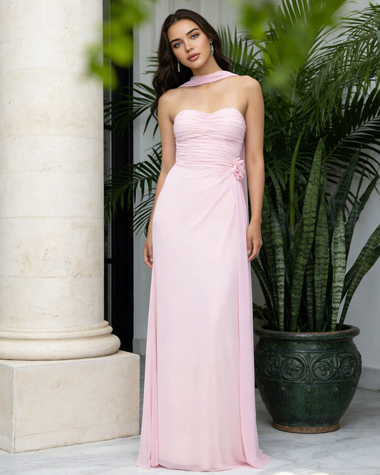 Strapless chiffon bridesmaid dress in pale pink, wrapped ruched bodice, floor-length