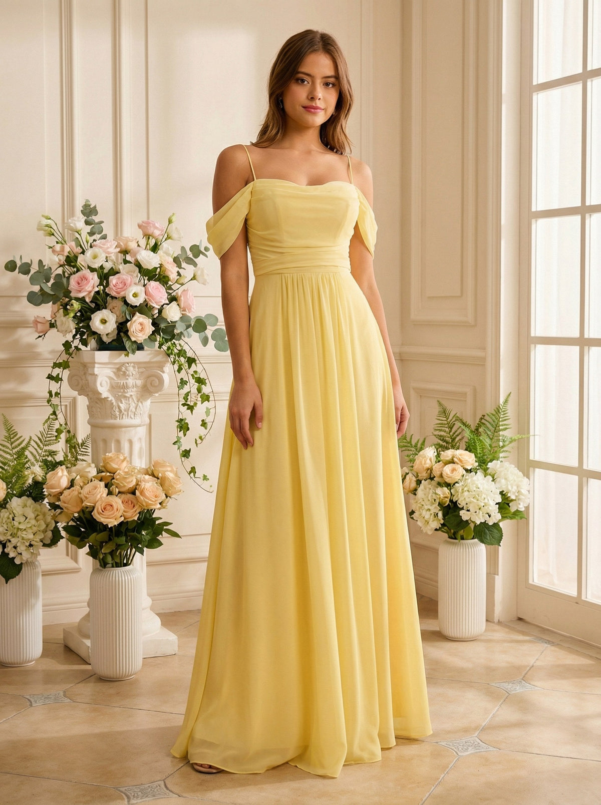 off shoulder chiffon bridesmaid dress with soft pleated bodice - image 1