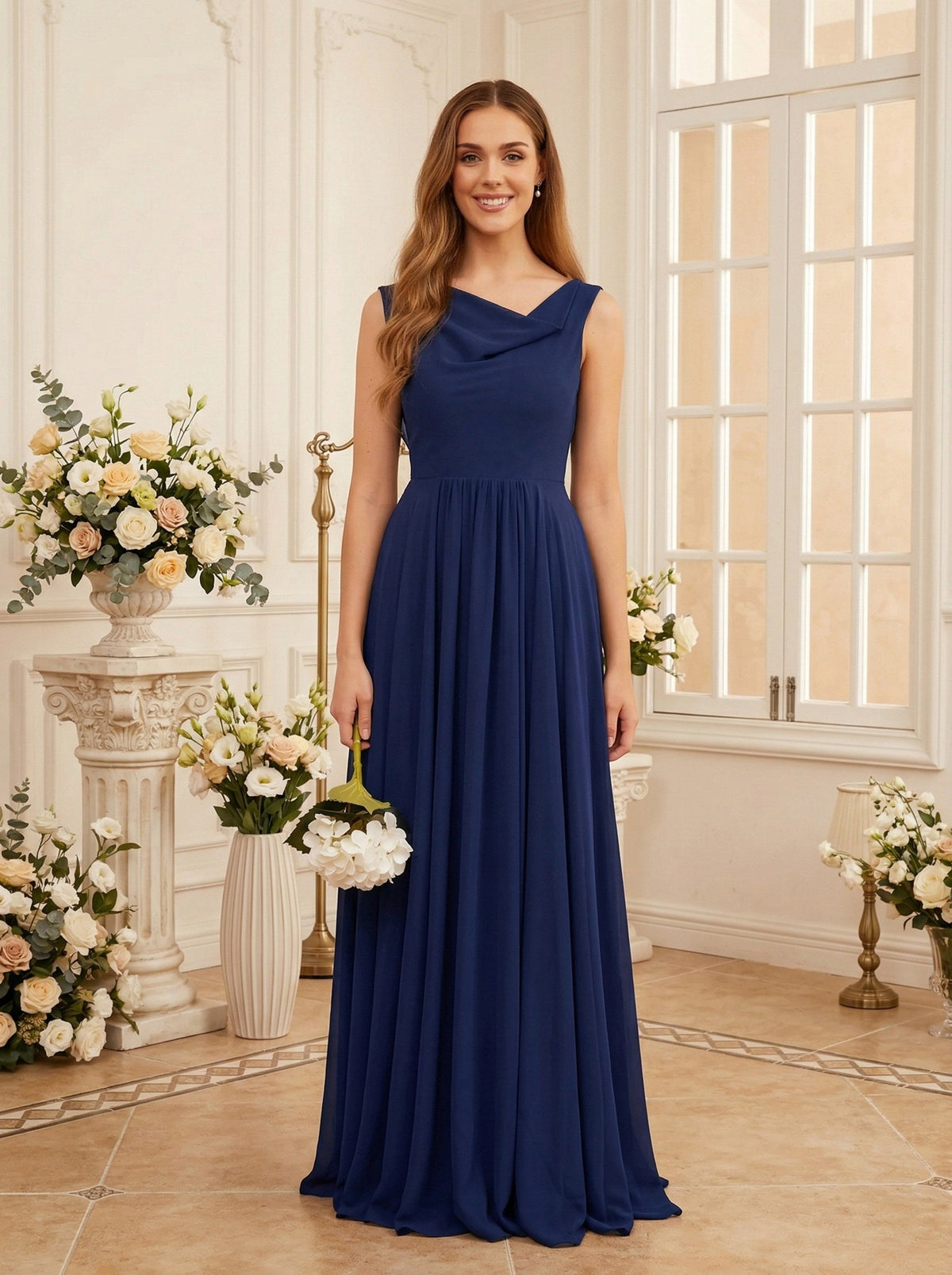 Navy sleeveless chiffon bridesmaid dress with jewel neckline and pleated skirt