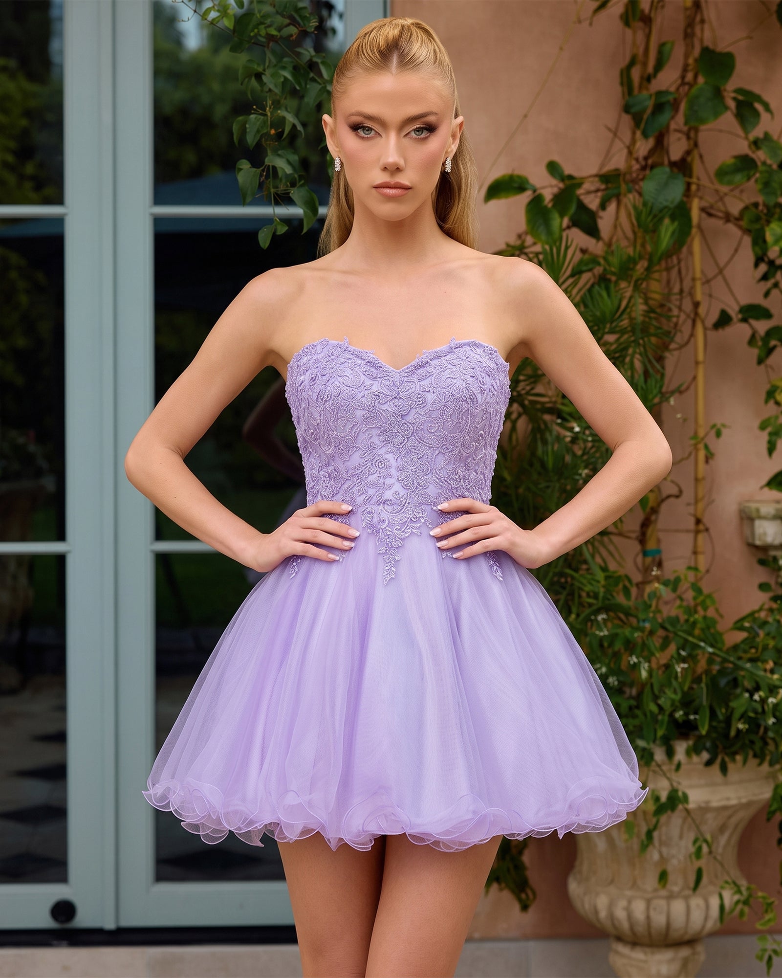 light lilac strapless sweetheart lace tulle A-line homecoming dress - front view
