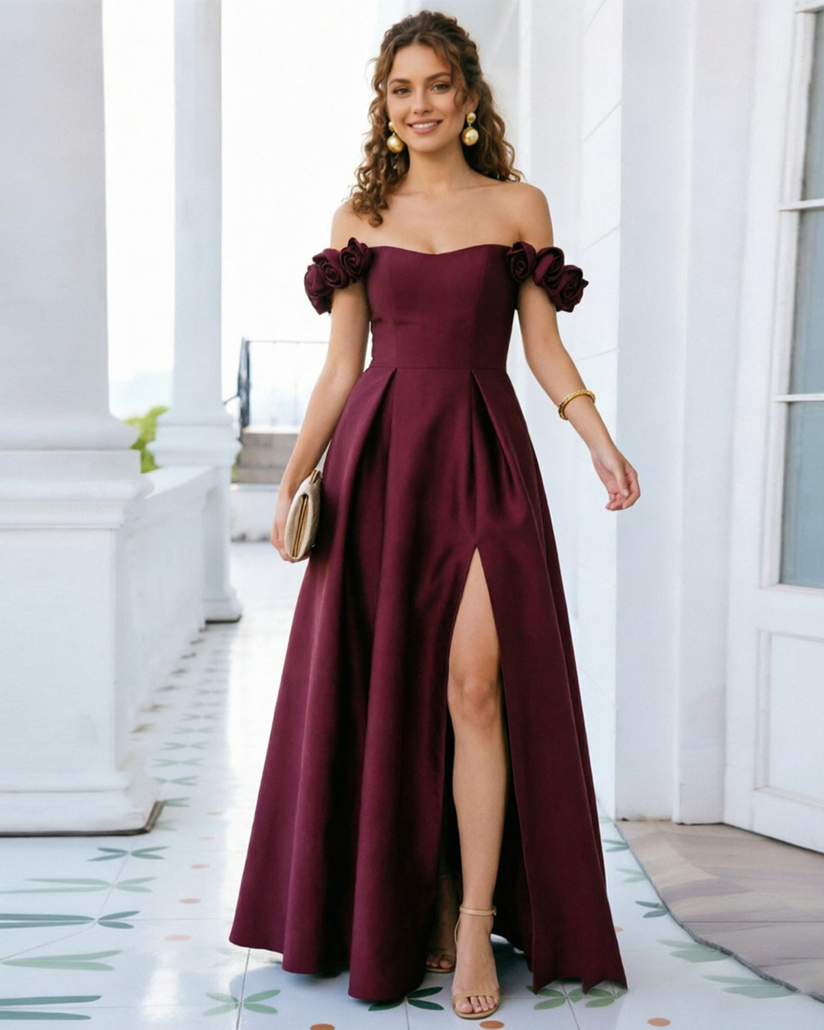 off shoulder floral sleeve satin formal dress with side slit - image 1