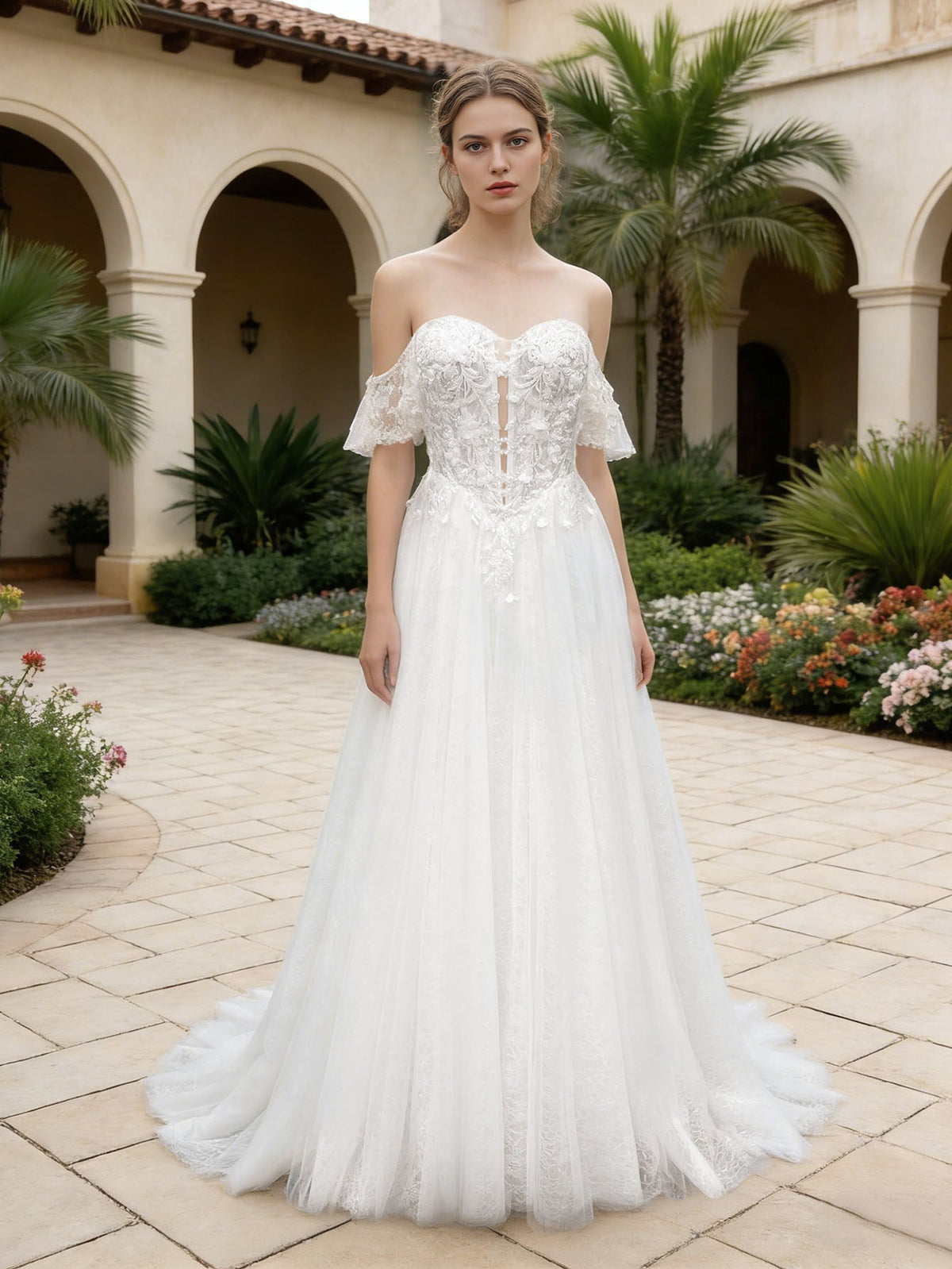off shoulder lace tulle A-line wedding dress with flutter sleeve - image 1