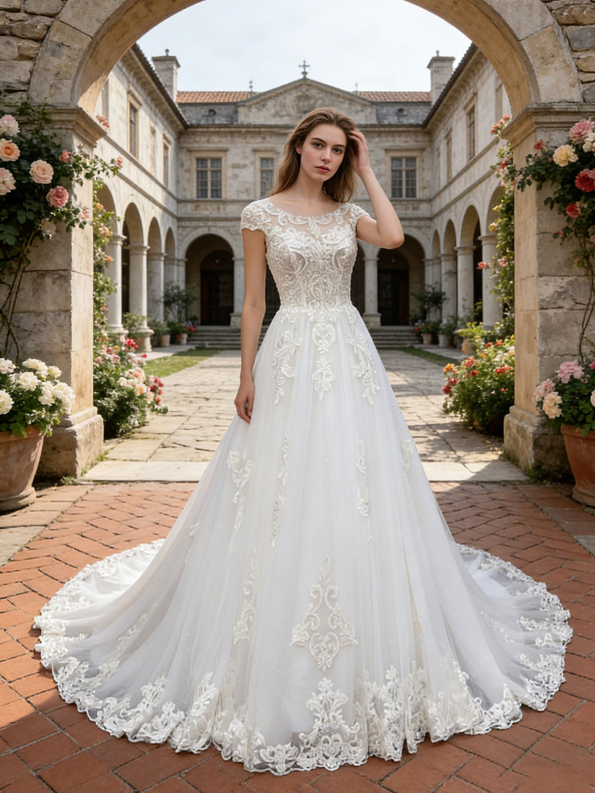 off shoulder lace A-line wedding dress with floral applique train - image 1