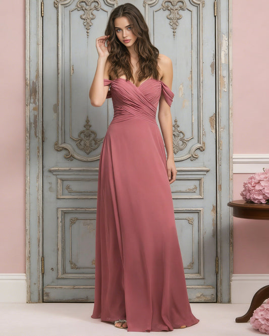 Off-shoulder chiffon bridesmaid dress in mauve, ruched draped bodice, A-line skirt