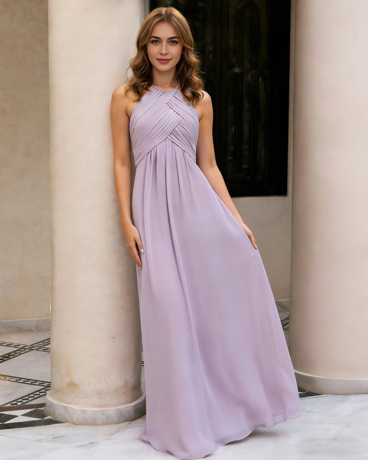 Lilac halter chiffon bridesmaid dress with twisted bodice and keyhole neckline