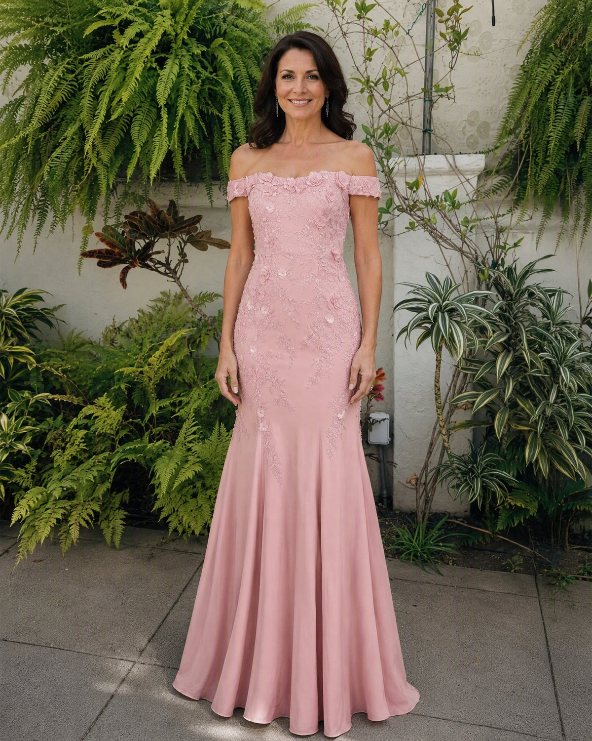 Blush pink off-shoulder lace mermaid dress with scalloped neckline and fitted bodice